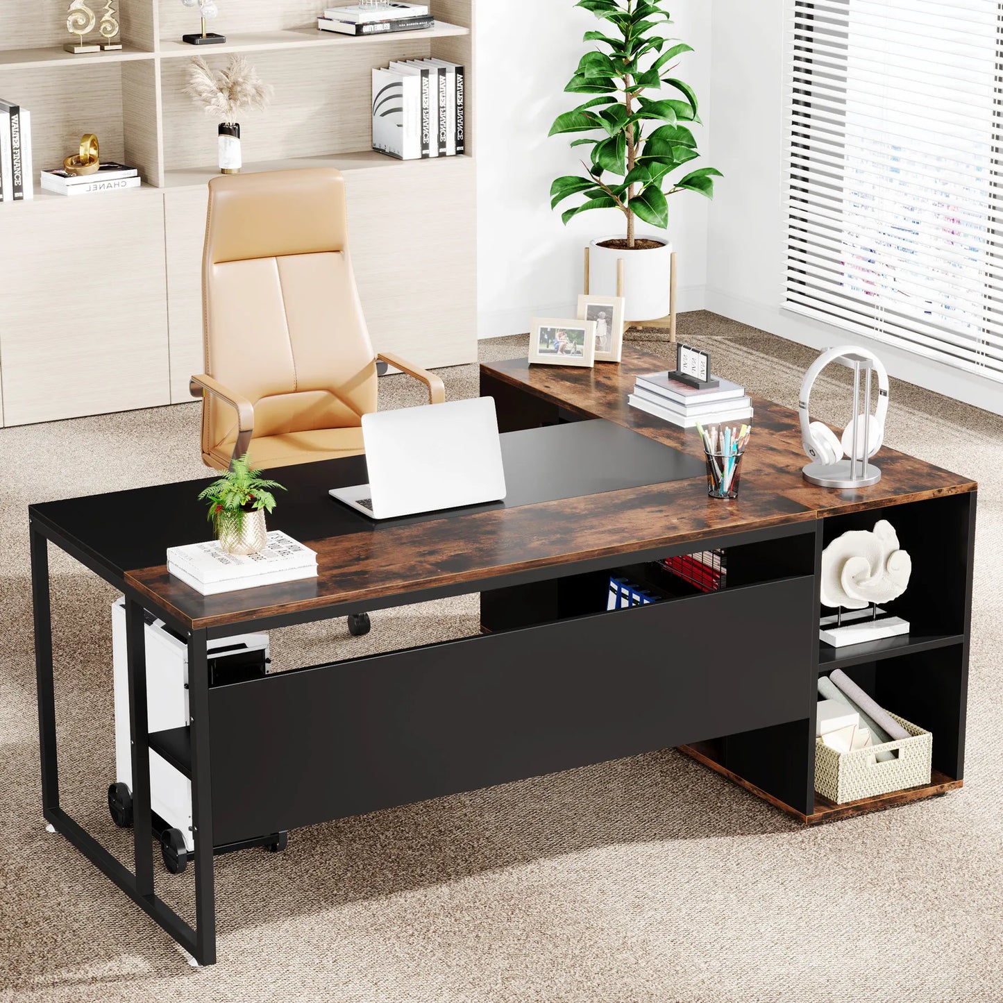 L Shaped Executive Desk with Storage Cabinet 71 Inch Office Furniture