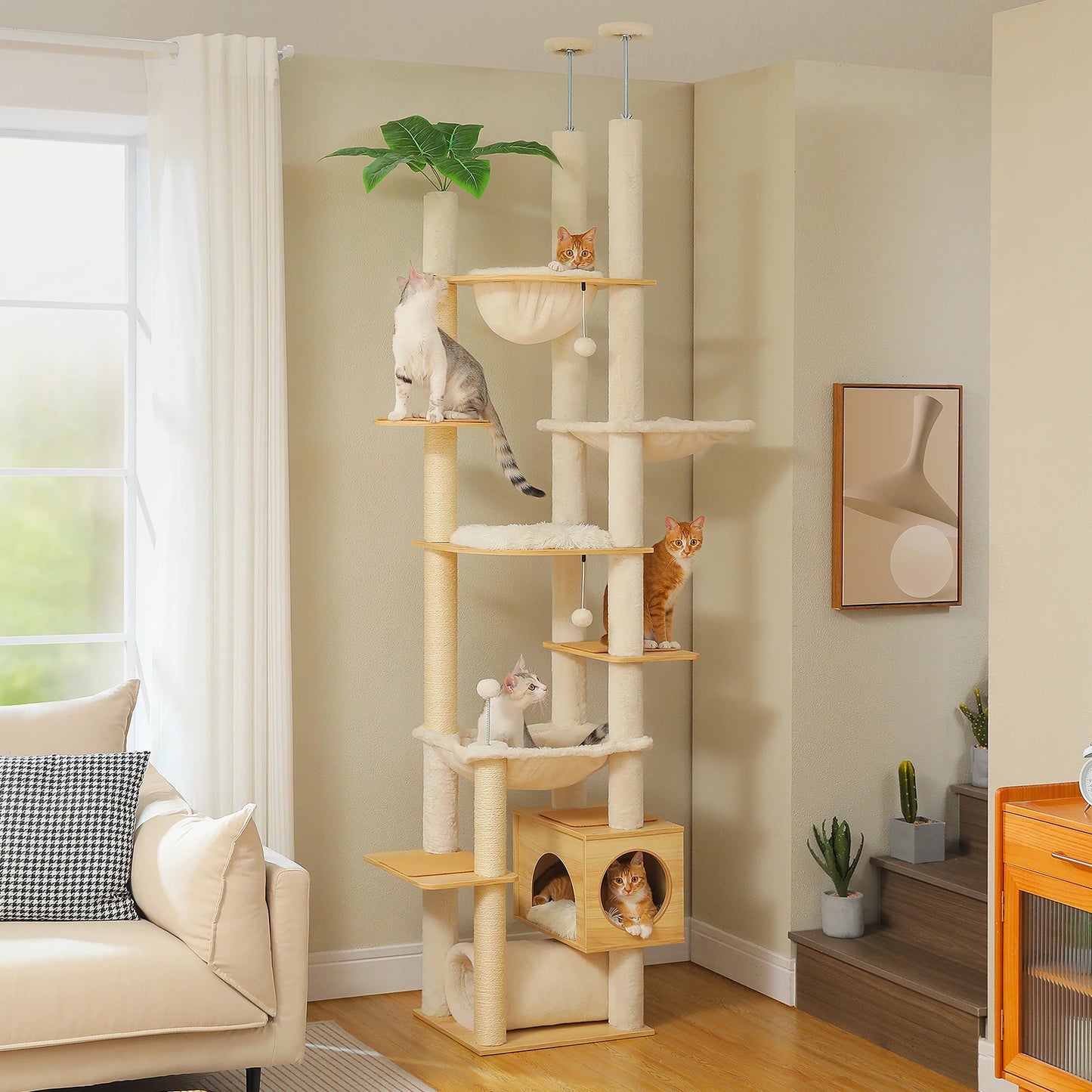 Floor to Ceiling Cat Tree Adjustable Height Wooden Tower with Scratching Posts