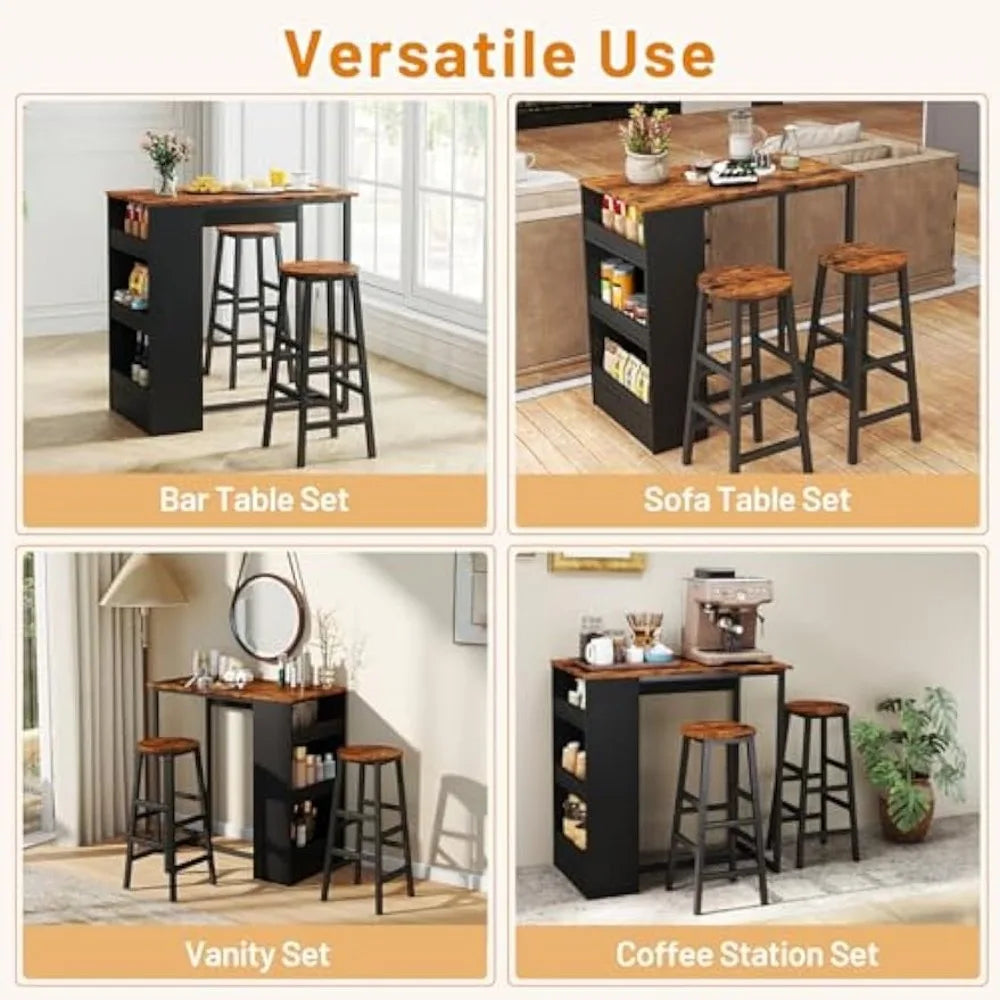 Modern 3-Piece Bar Table Set with Storage Shelves and 2 Chairs