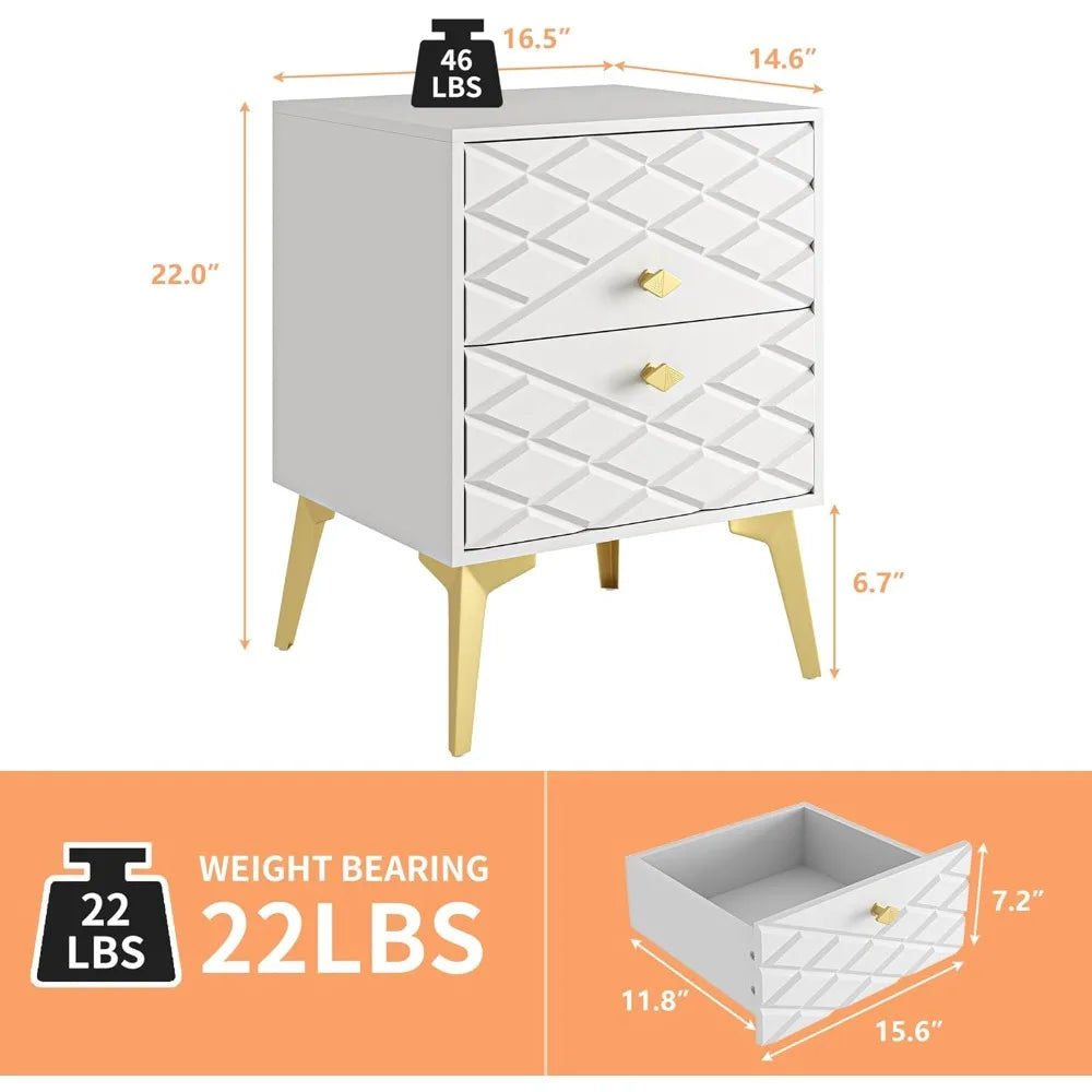Modern White Nightstand Bedside Table with Gold Handles and Legs