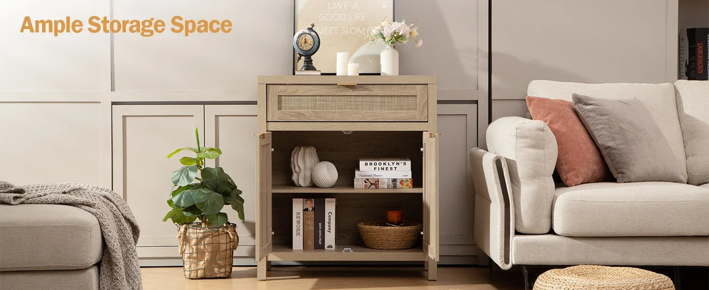 Buffet Storage Cabinet 2-piece Set Bohemian Rattan Sideboard Console