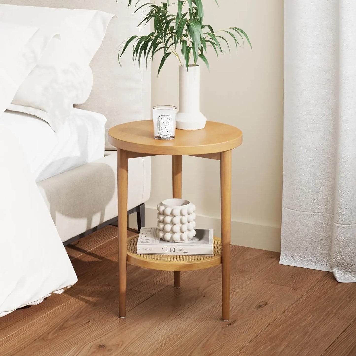 Sonia Boho Round Accent End Table Natural Wood Rattan Storage Shelf