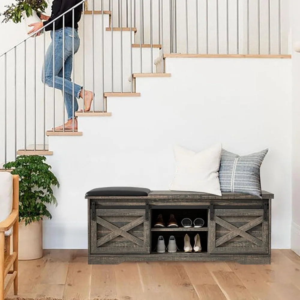 Modern Shoe Bench Storage Cabinet with Sliding Barn Door for Entryway