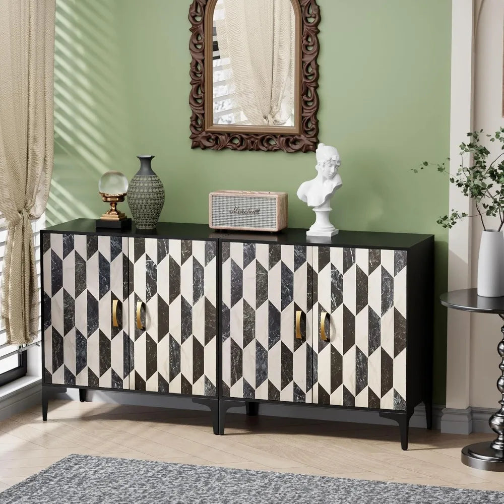Black Sideboard Buffet Storage Cabinet with Faux Marble Doors 2 Packs