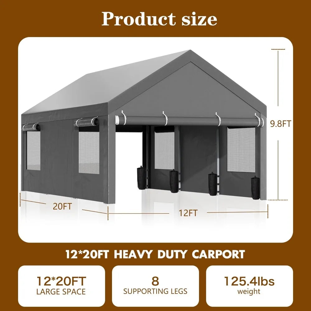 Heavy Duty 12x20 ft Carport Canopy Portable Garage with Removable Walls