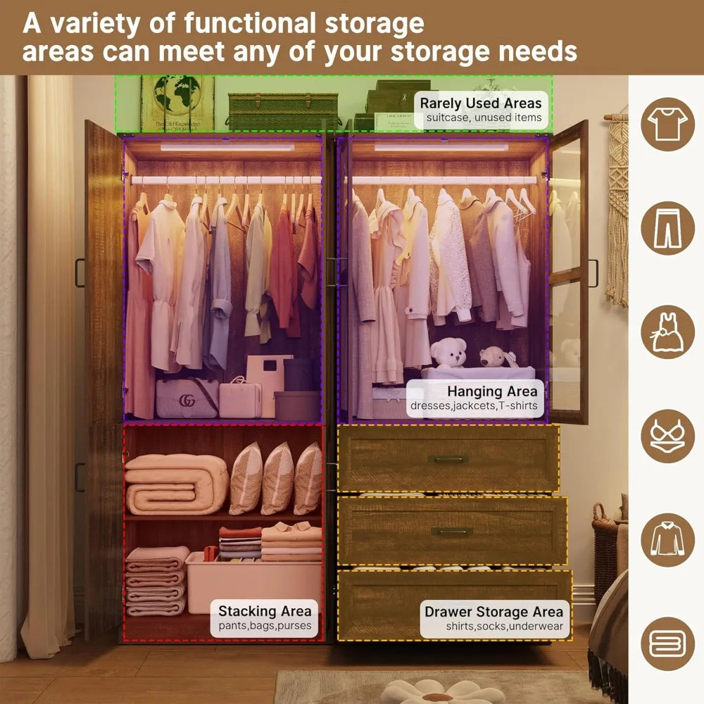 Ljustra 75" Tall Farmhouse 4 Doors Armoire Wardrobe Closet with LED