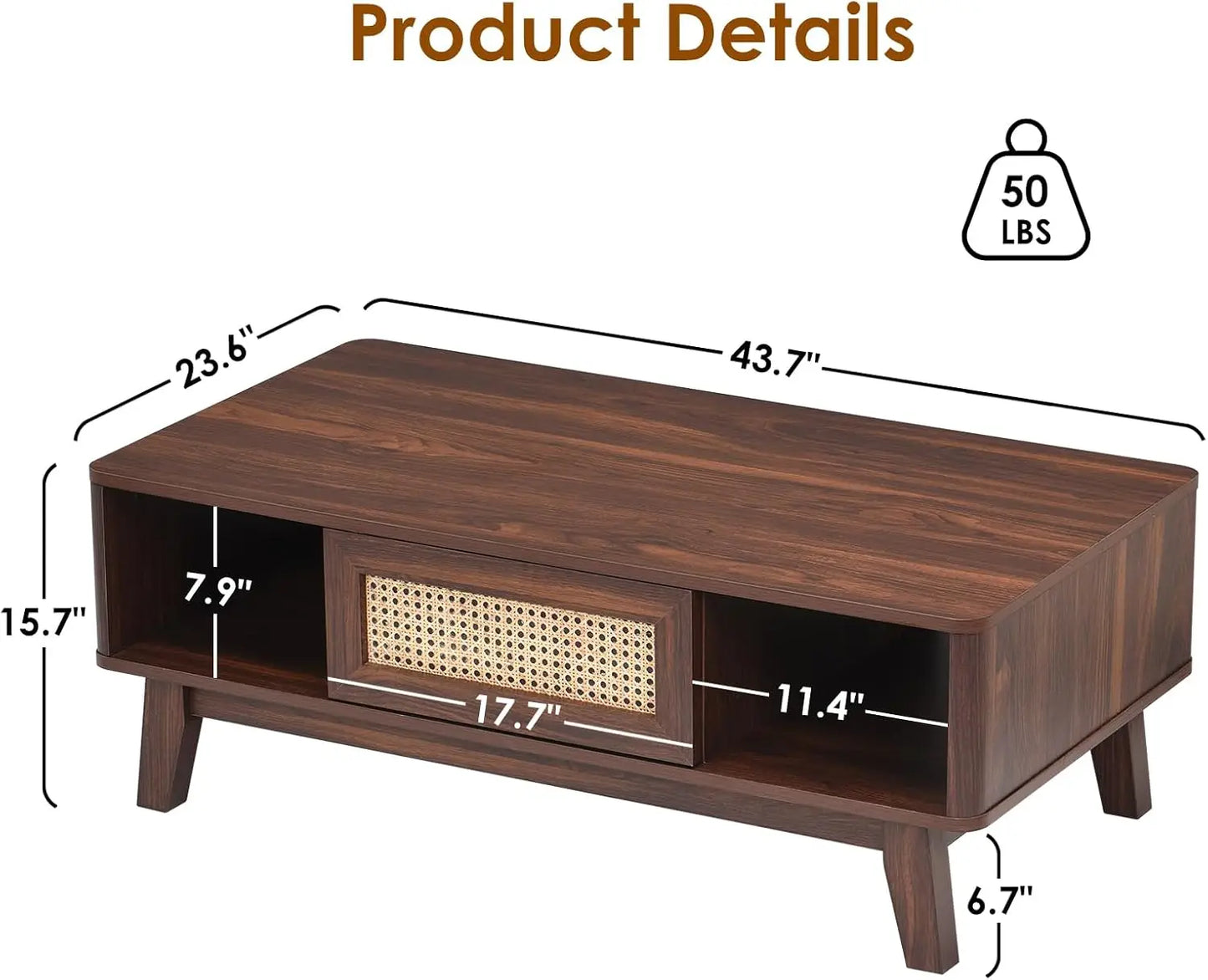 Mid Century Modern Coffee Table with Rattan Drawer for Living Room