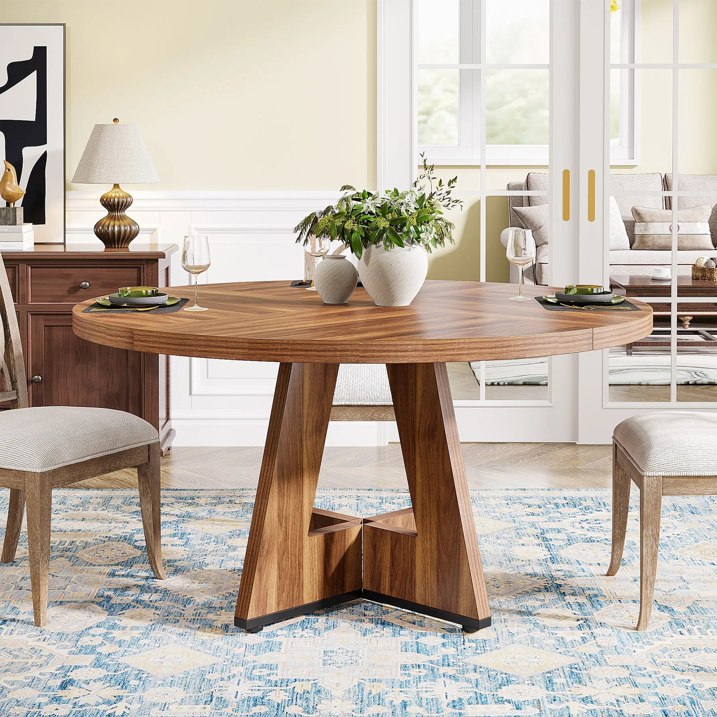 Ljustra Round Dining Table for 4 Farmhouse Style Kitchen Table 47 Inch
