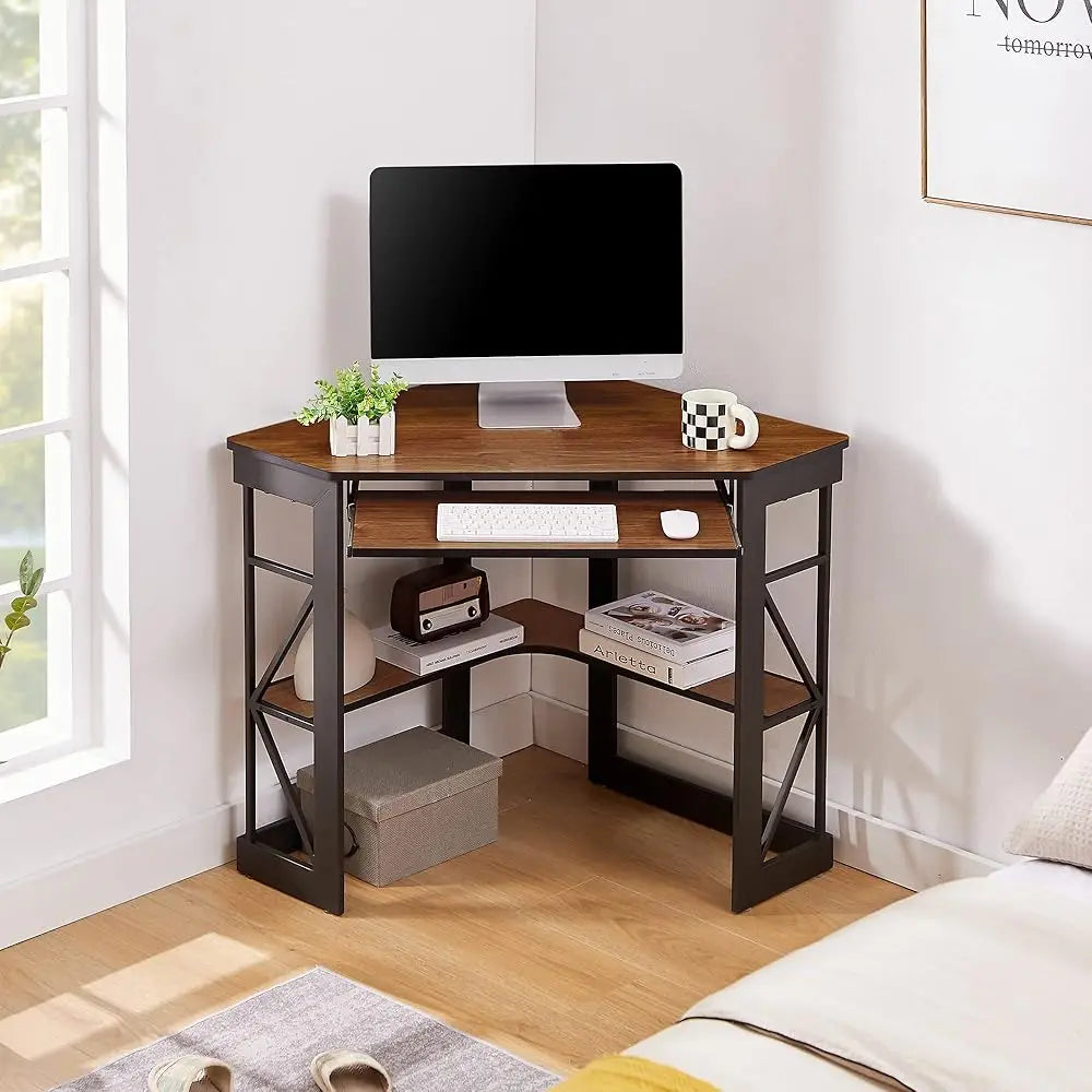 Corner Triangle Computer Desk Small Space Steel Frame Storage Table