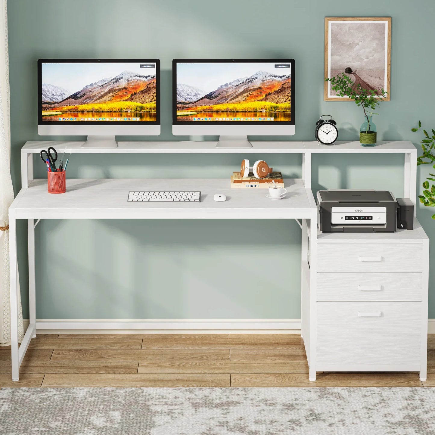 Ljustra 63 Inch Ergonomic Computer Desk with File Drawer Cabinet