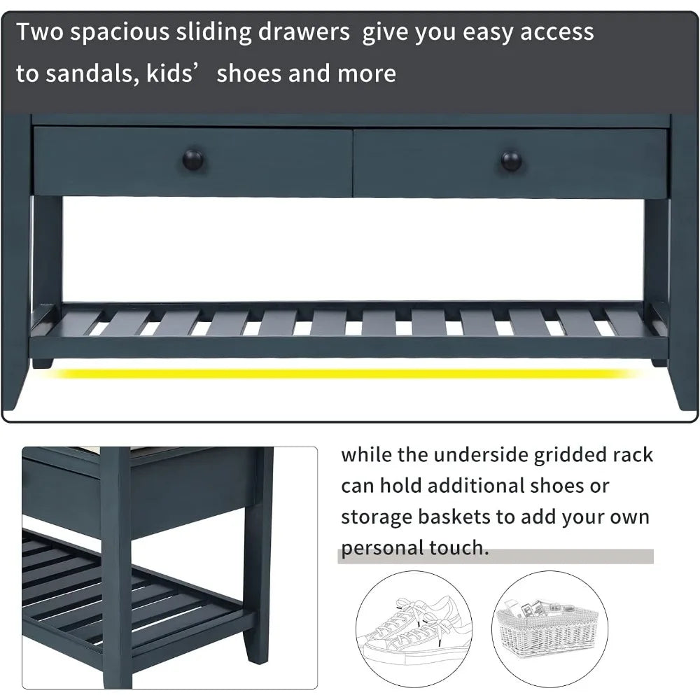 Entry Storage Bench with Cushioned Seat and 2 Drawers for Shoes