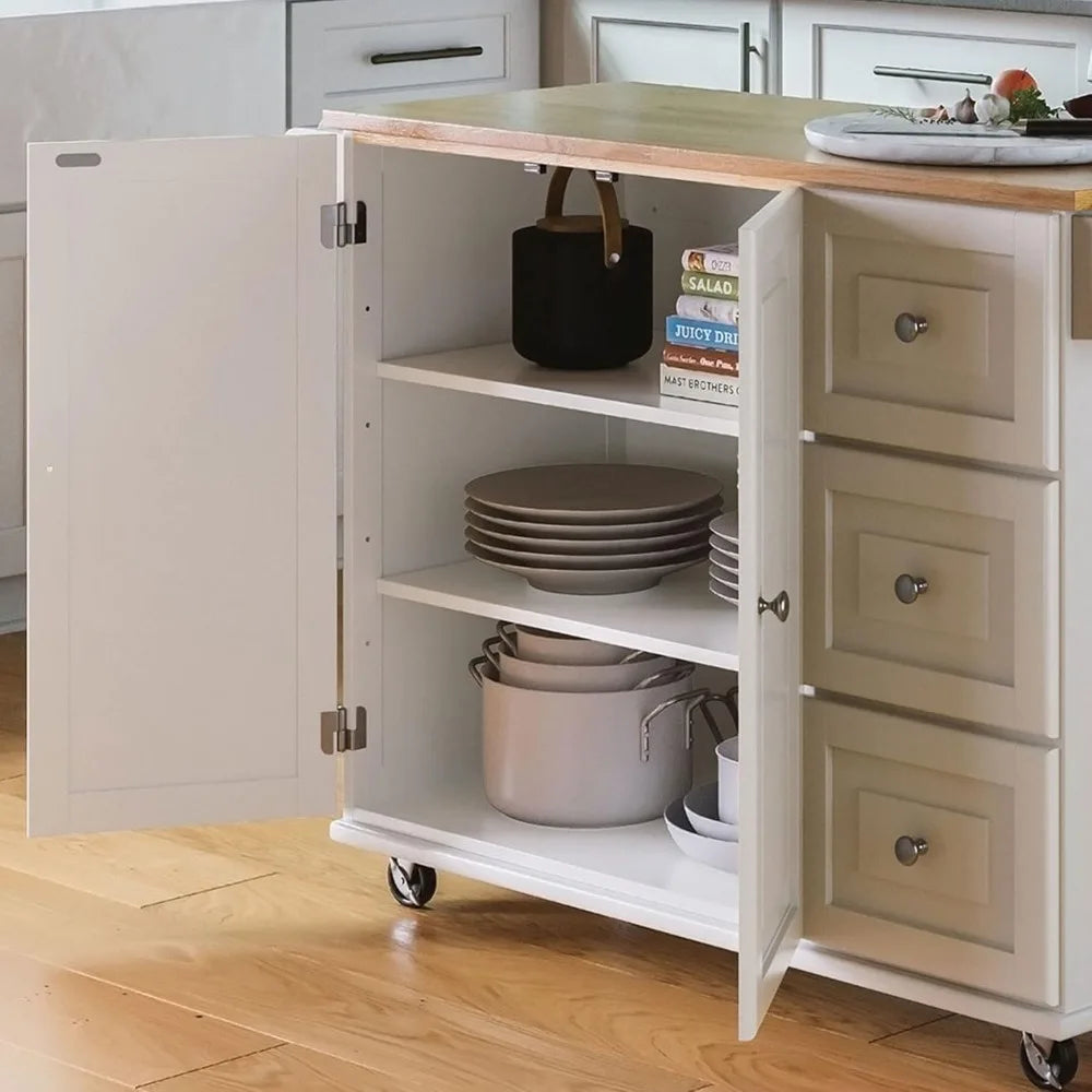 Ljustra Off-White Mobile Kitchen Island Cart with Breakfast Bar