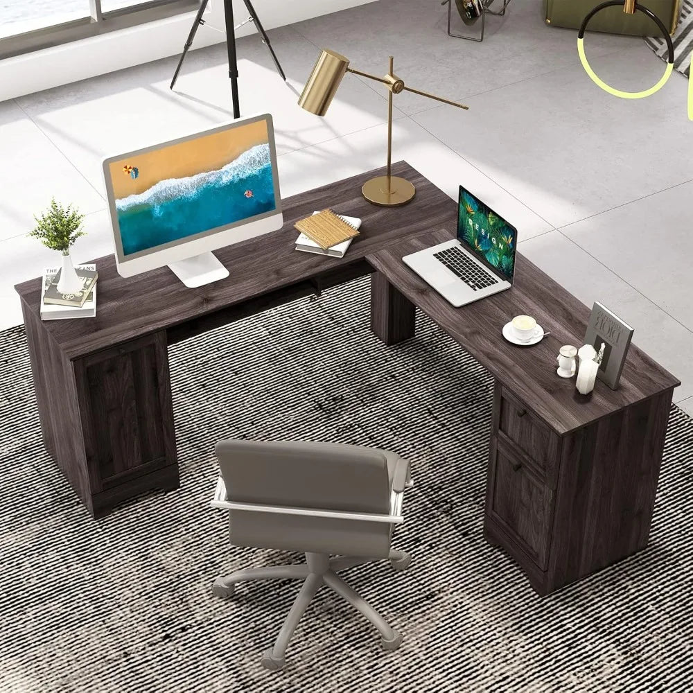 L-Shaped Office Desk with Storage Drawers & Keyboard Tray Home Office