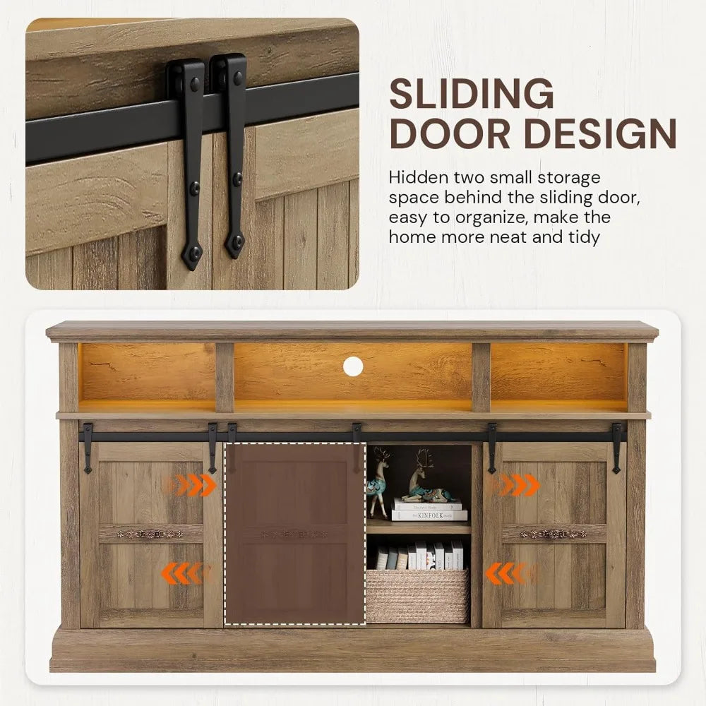 Ljustra Sideboard Buffet Cabinet 58" with LED Lights Sliding Barn Doors