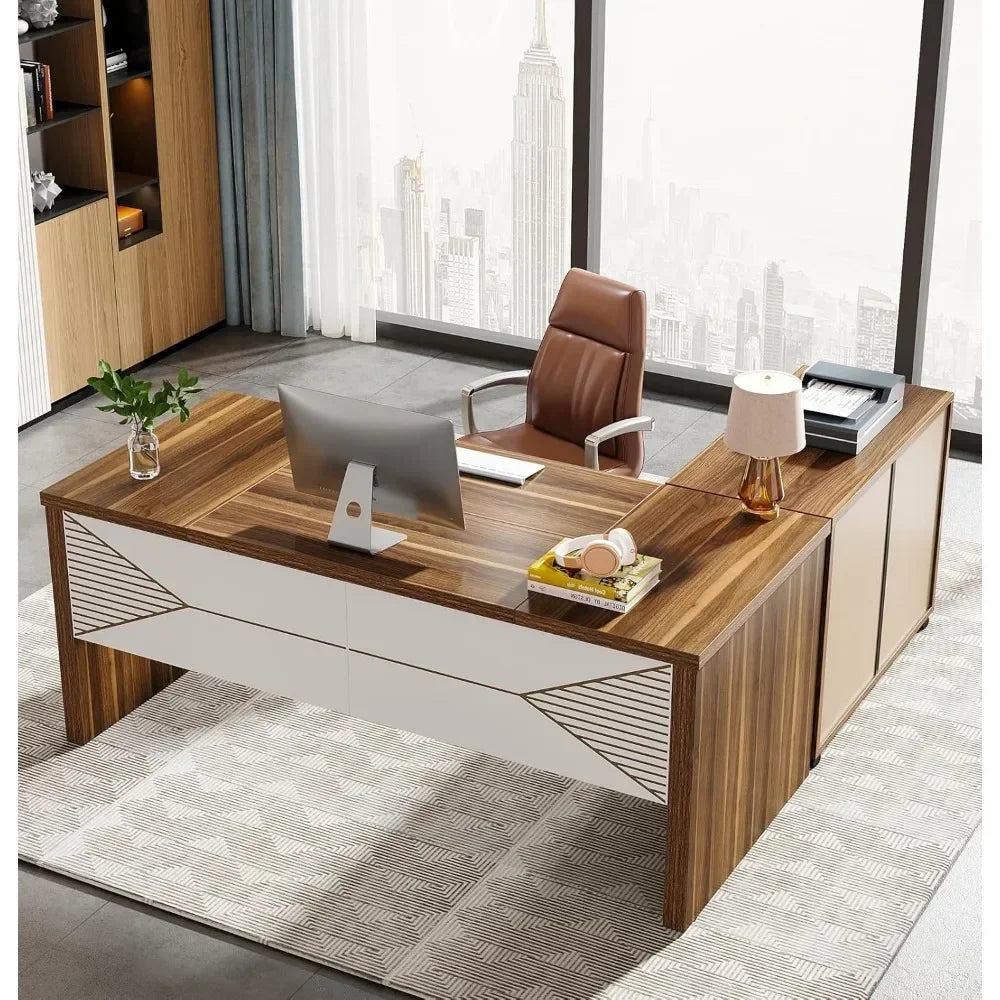 L-Shaped Executive Desk with Mobile Filing Cabinet for Home Office