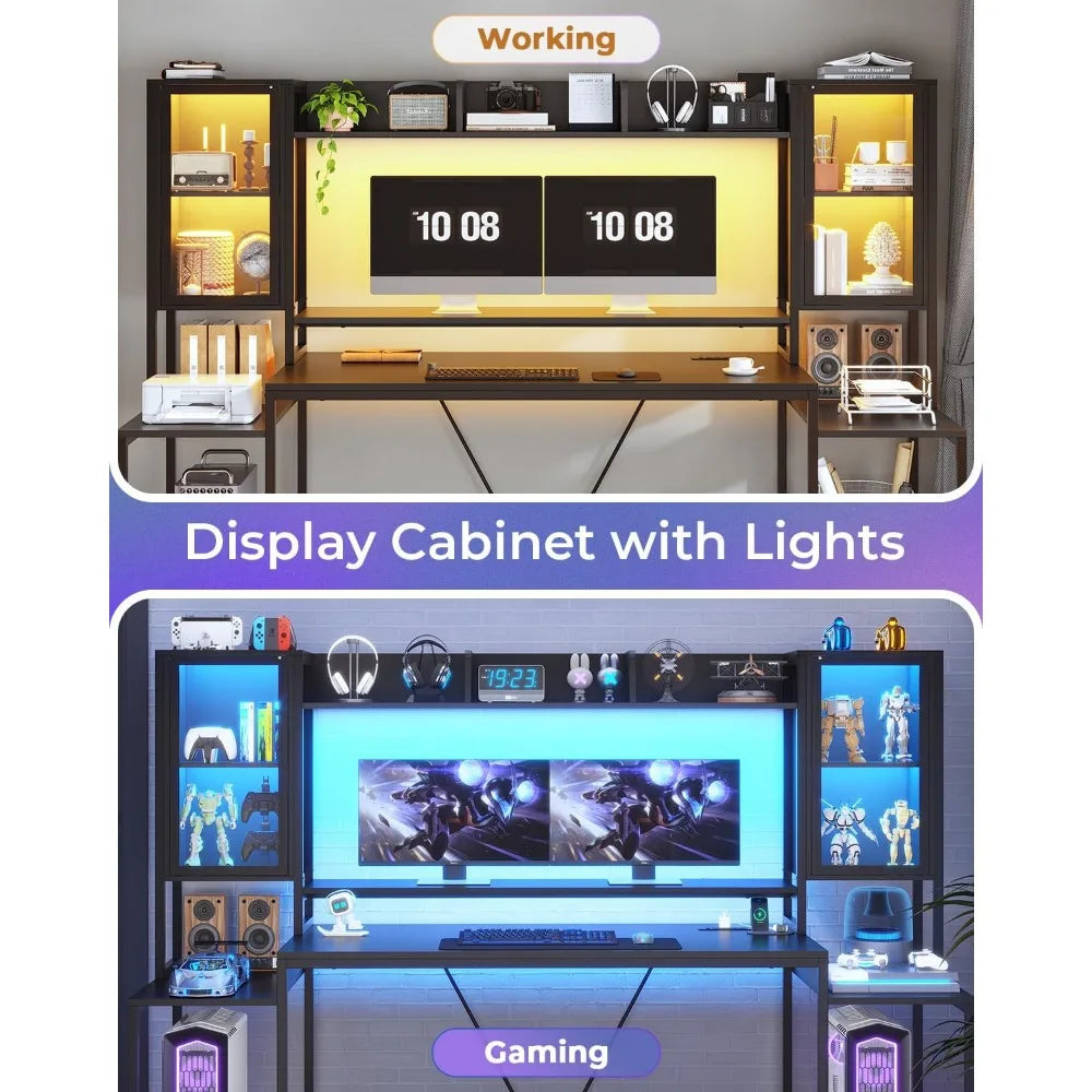 Gaming Desk with LED Lights and Storage Shelves for PC Gamers