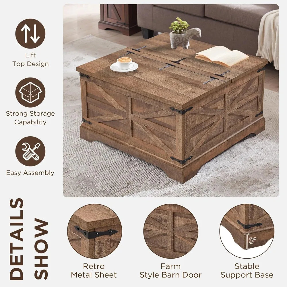 Farmhouse Lift Top Coffee Table with Hidden Storage Rustic Design