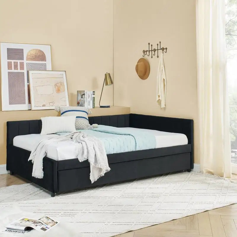 Full Size Tufted Daybed with Trundle Velvet Sofa Bed Frame Black