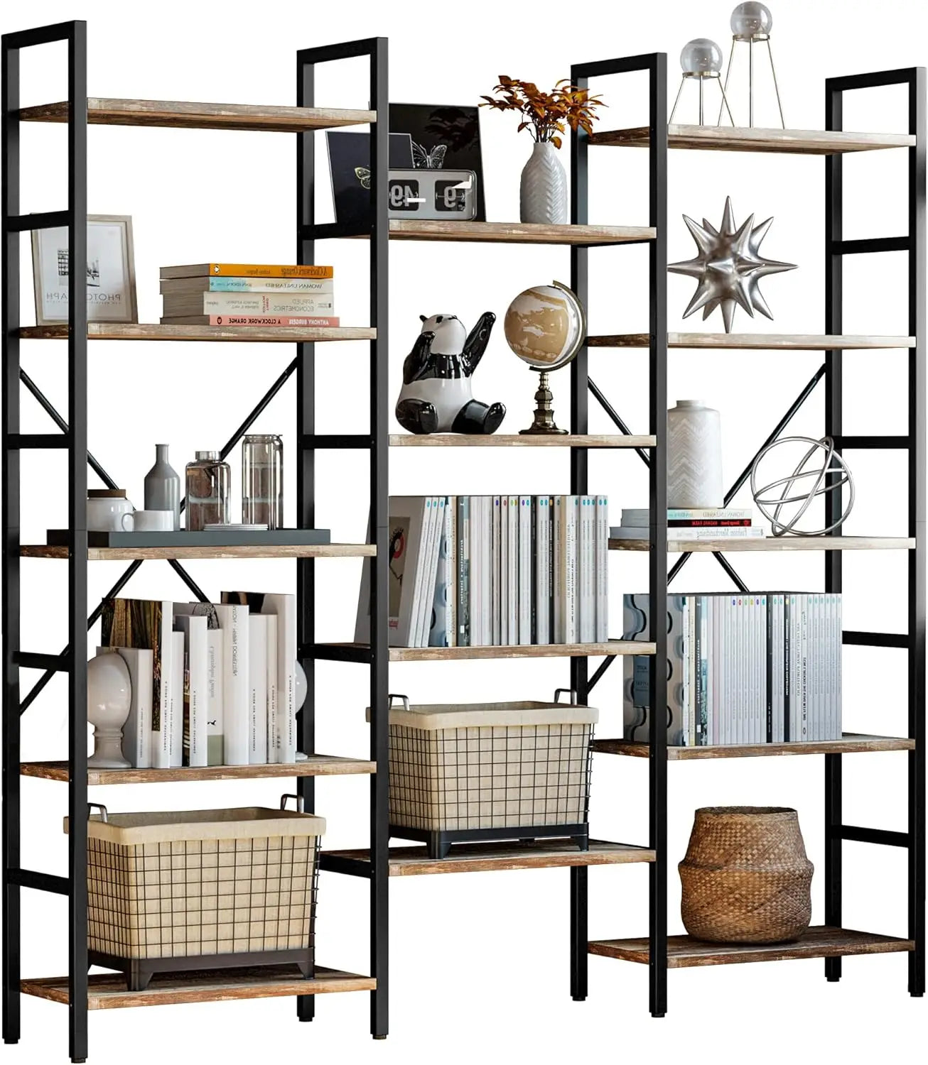 Triple Wide Industrial Bookshelf 5 Tiers Large Open Display Shelf