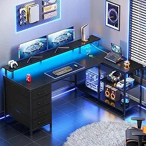L Shaped Desk with LED Lights Power Outlets and 4 Drawers for Gaming