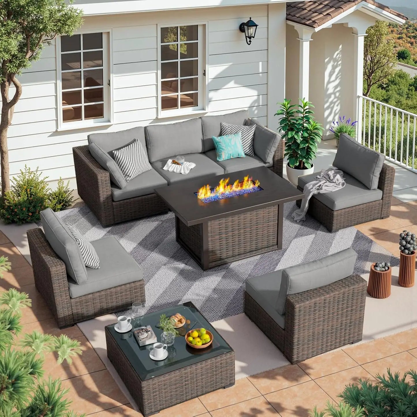 Ljustra 8 Piece Patio Furniture Set with Fire Pit Table Rattan Sectional