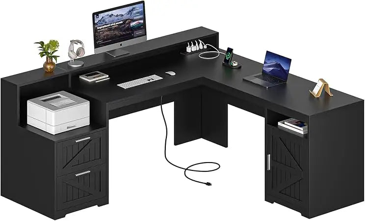 63 Inch L Shaped Executive Desk with Drawers and USB Charging Station