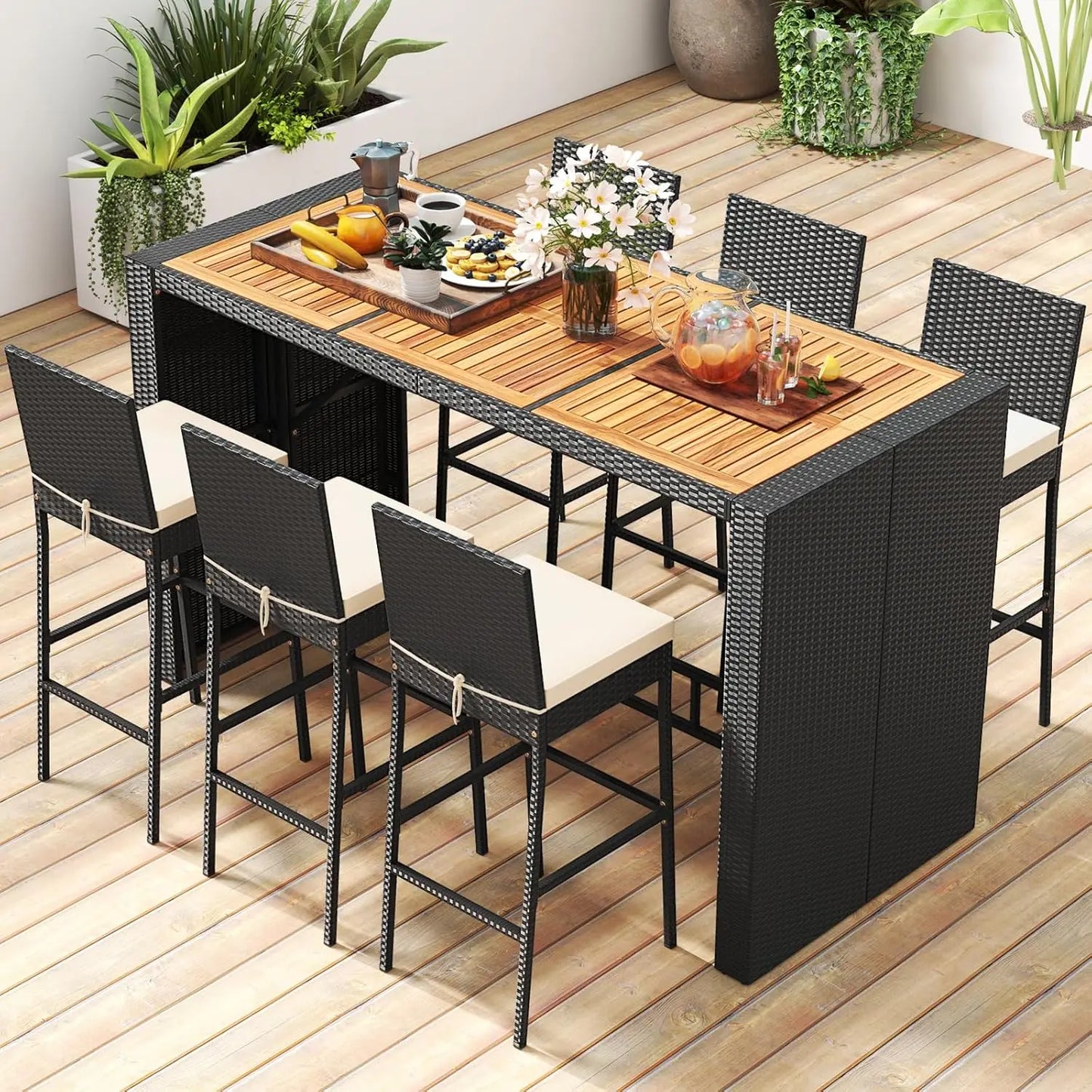 7 Piece Outdoor Bar Set Wicker Rattan Dining Table 6 Bar Stools