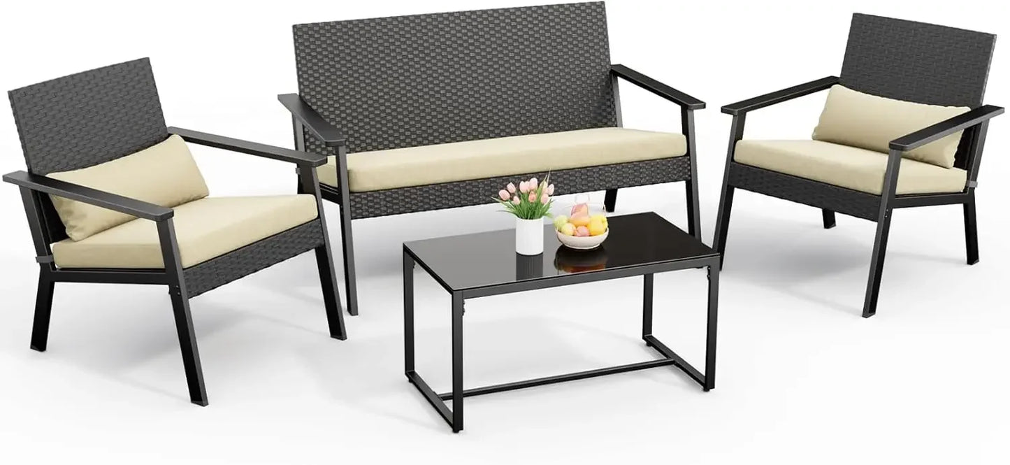 4-Piece Outdoor Wicker Patio Furniture Set with Cushions Table