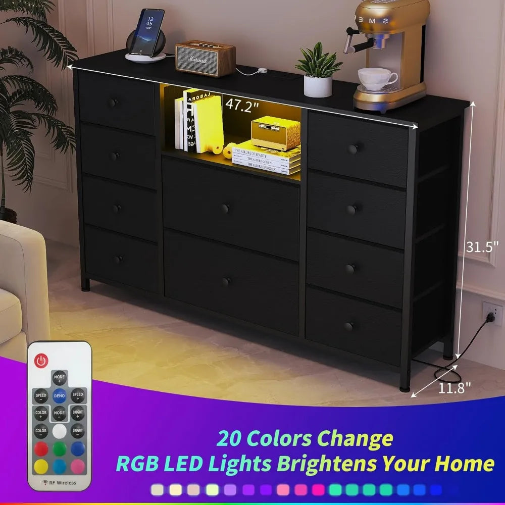 Dresser with Charging Station LED Lights 10 Drawers Modern Storage Unit