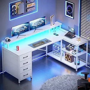 L Shaped Desk with LED Lights Power Outlets and 4 Drawers for Gaming