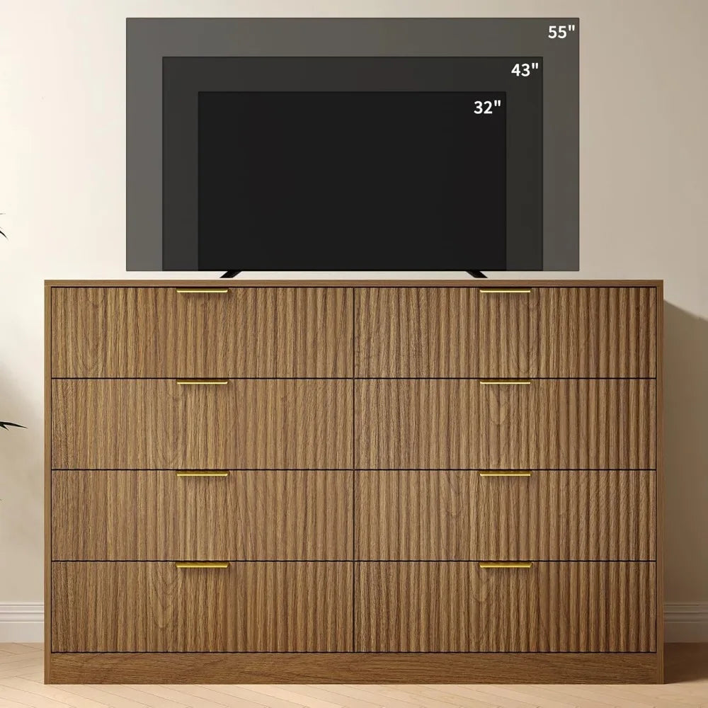 Dresser with 8 Drawers 55 Inch Wooden Mid Century Chest of Drawers