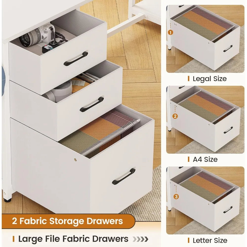 L Shaped Computer Desk with Drawers Bookshelf LED Light Home Office