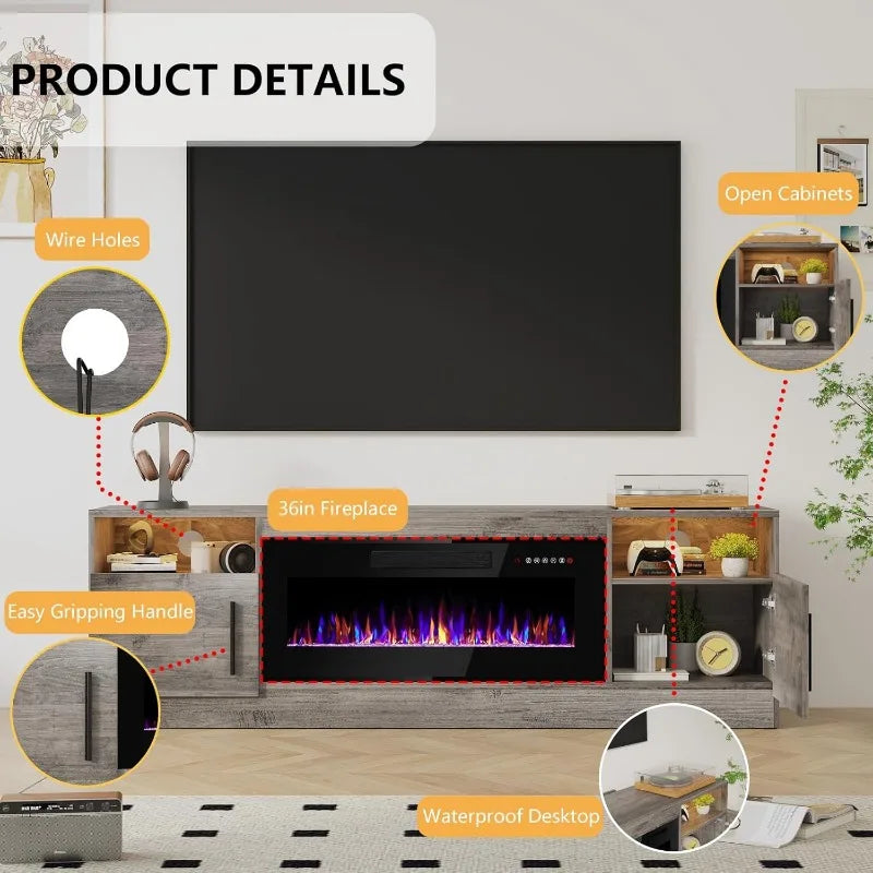 Ljustra 70 Inch Fireplace TV Stand for Up to 80 Inch TVs with LED Lights