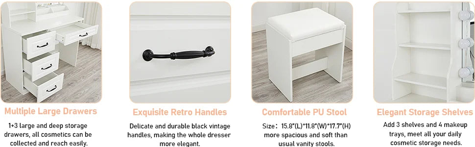 Makeup Vanity Desk with Lights and Drawers Large Storage White Set