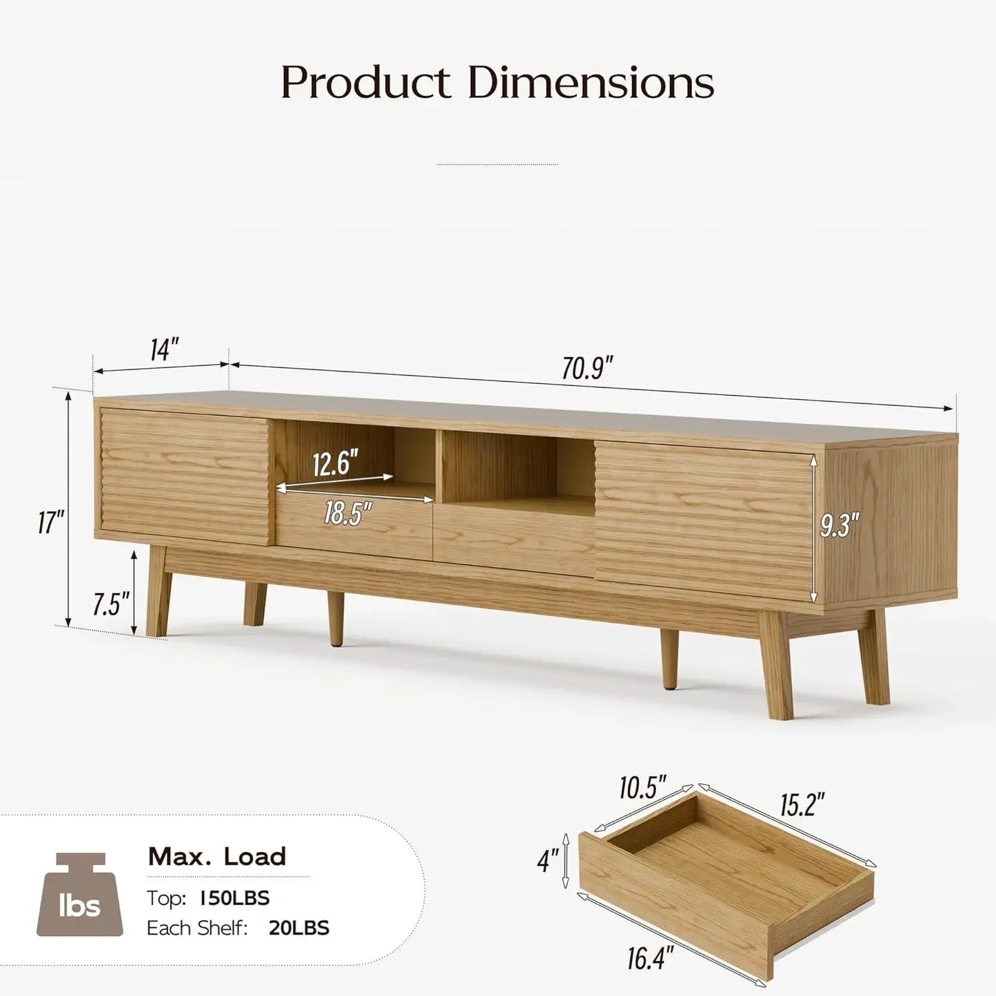 70 Inch Mid Century Modern TV Console Low Profile Media Stand Oak