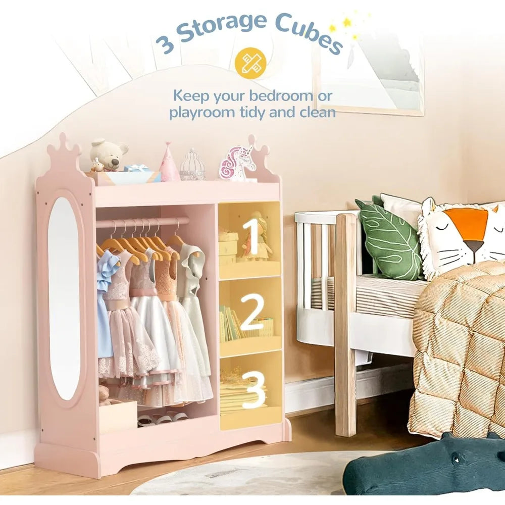 Kids Wardrobe with Mirror and Hooks Large Storage Closet Organizer