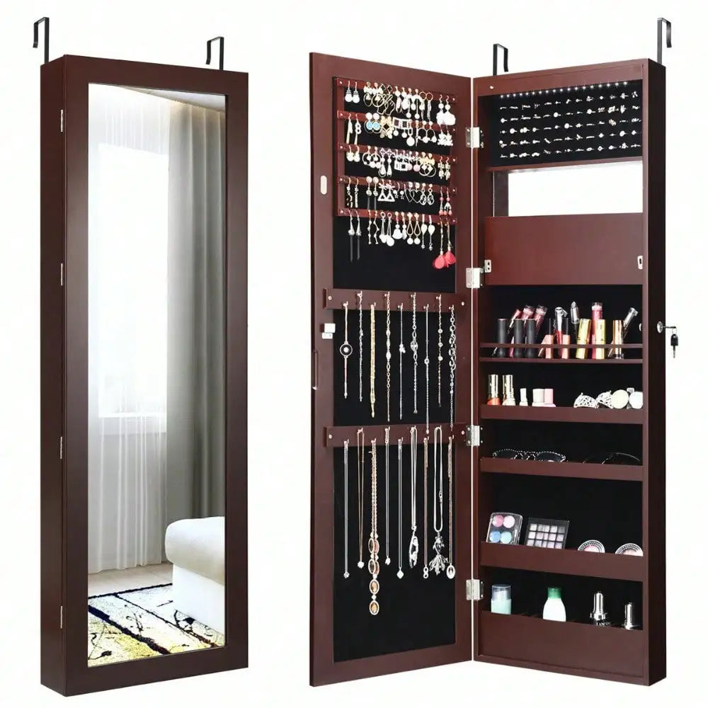 Lockable Wall Mounted Jewelry Cabinet Armoire Organizer with LED Lights