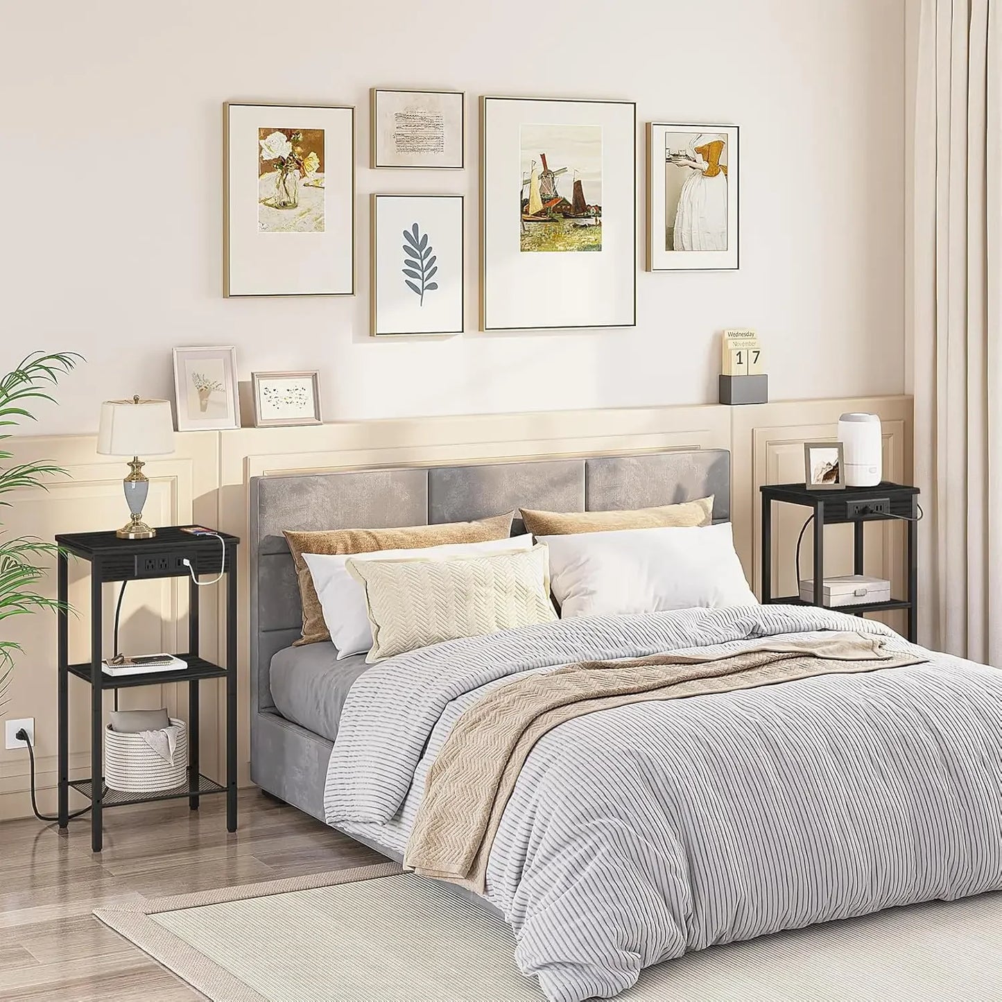 Tall End Table with Charging Station 3-Tier Nightstand Side Table