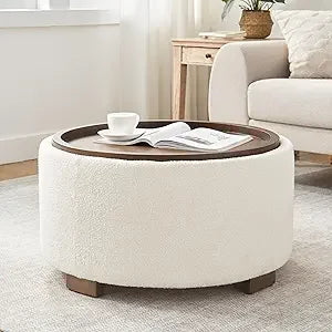 30 Inch Round Storage Ottoman Coffee Table Modern Boucle Lift-Off Lid