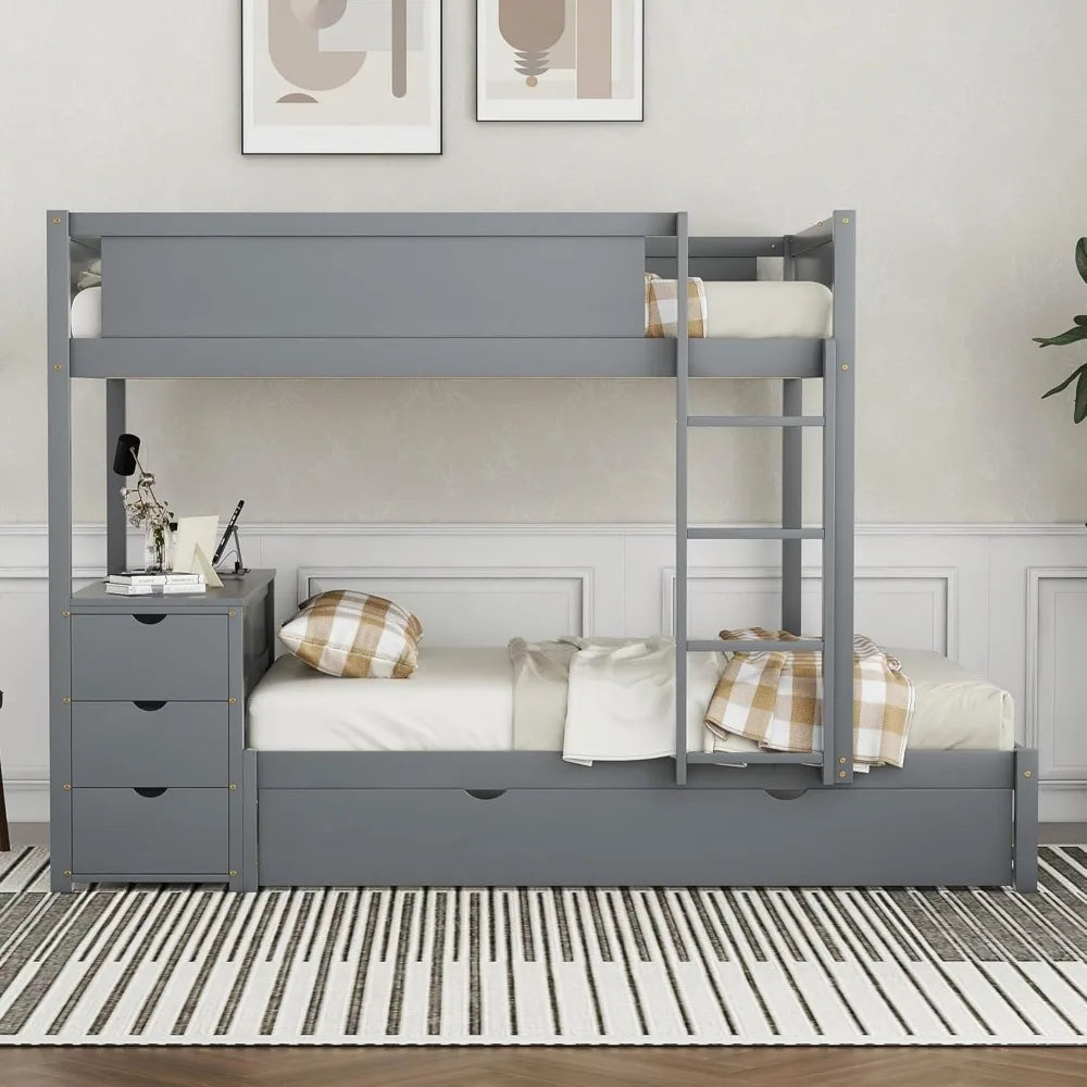 Full Over Full Bunk Bed with Trundle and USB Ports for Kids Room