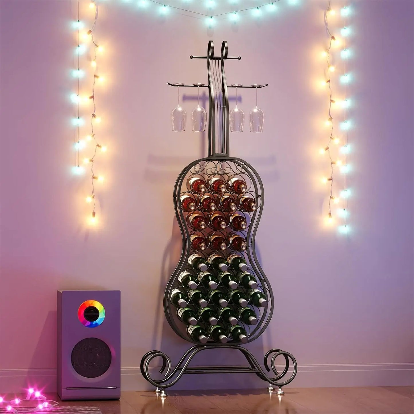 Freestanding Wine Rack for 32 Bottles with Glass Holder Metal Organizer