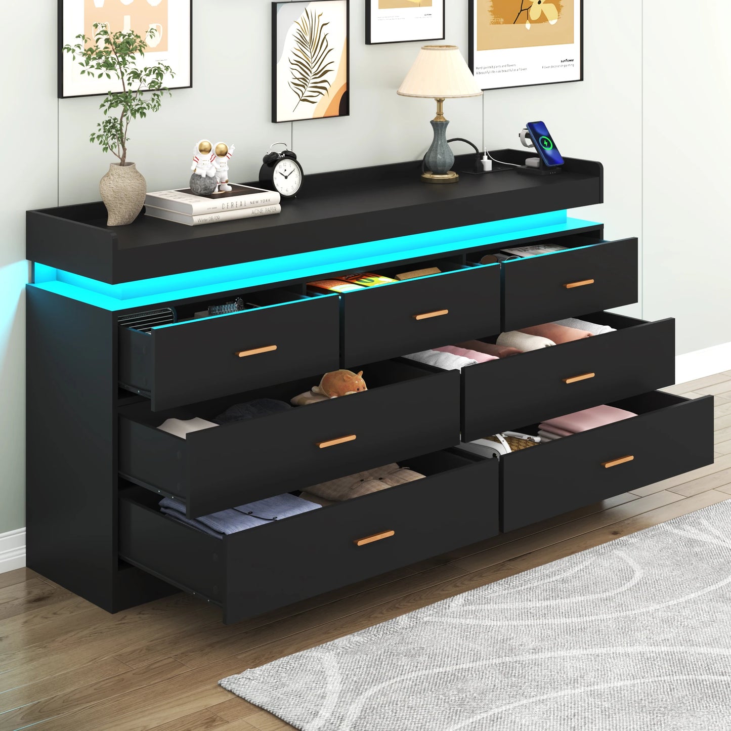 Modern 7 Drawer Dresser with LED Light Charging Station Chest of Drawers