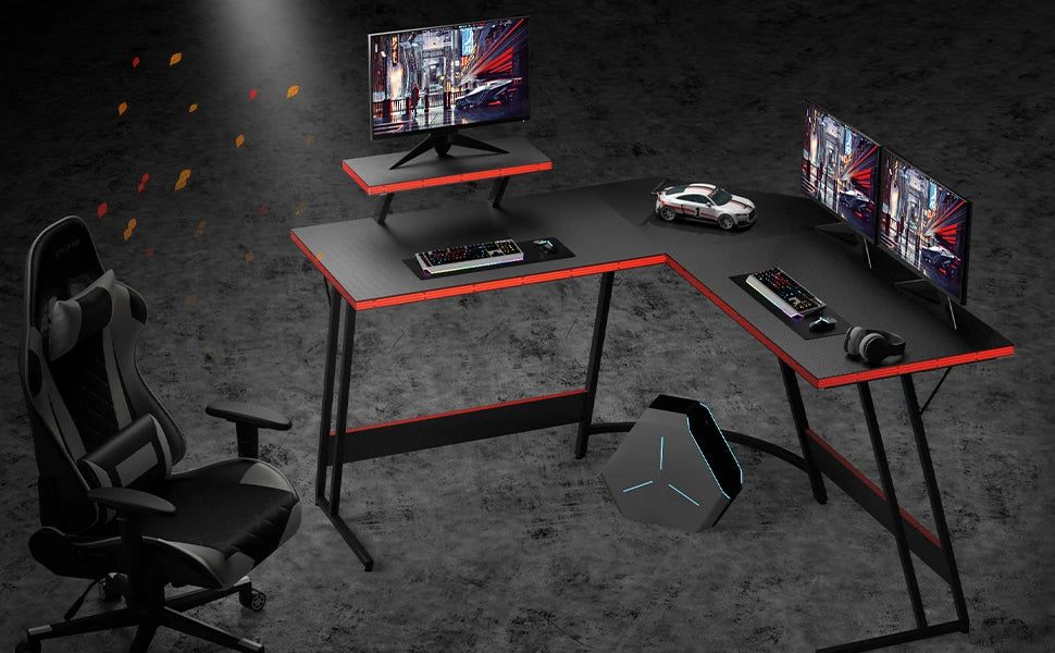 L Shaped Gaming Desk Corner PC Table with Monitor Riser for Home Office
