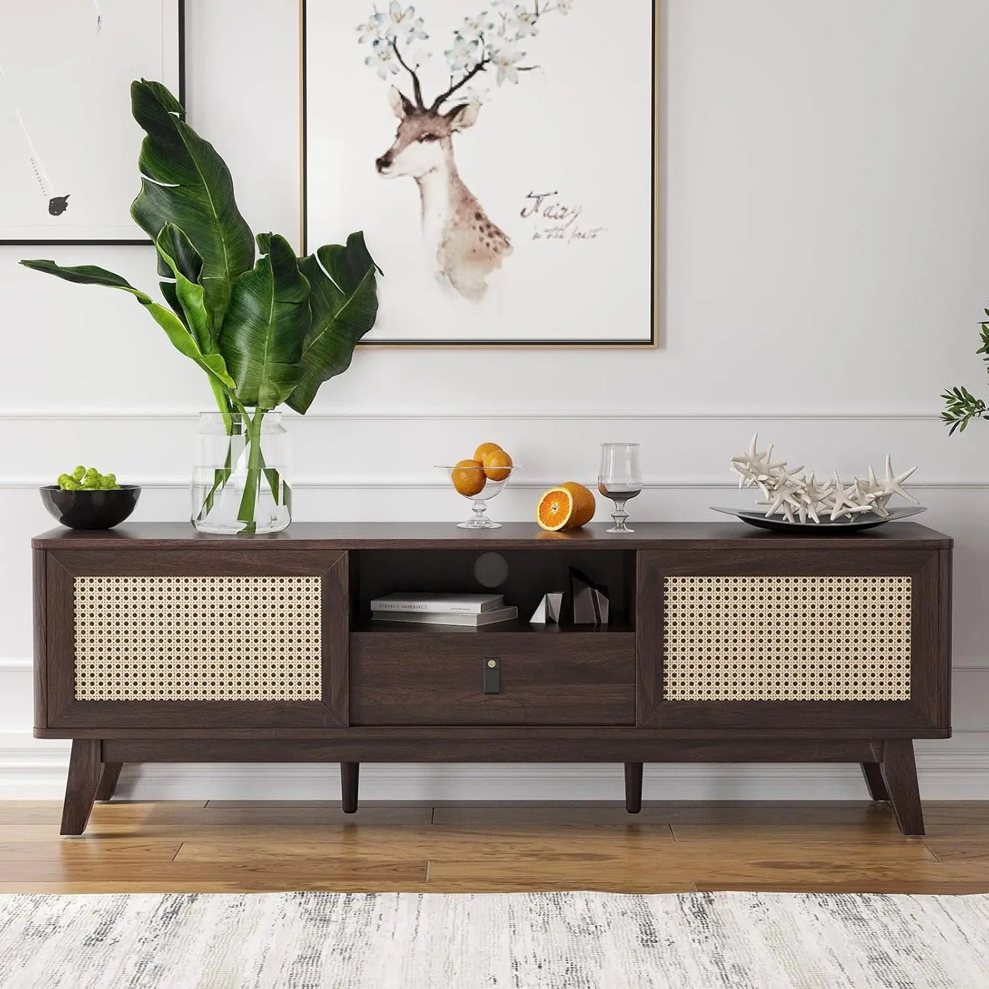 Rattan TV Stand Mid Century Modern Media Console with Drawer and Cabinets