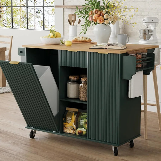 Rolling Kitchen Island with Trash Can Storage Portable Kitchen Cart