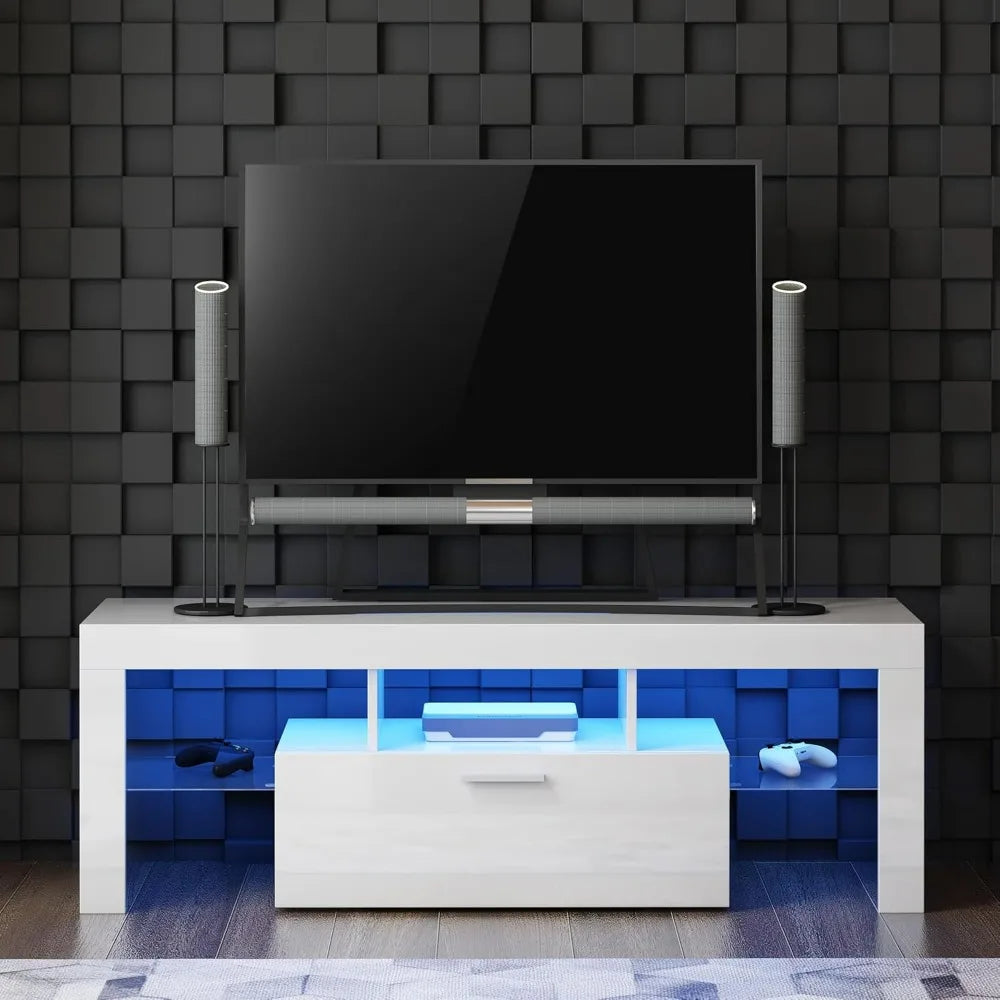 Modern White TV Stand with LED Lights for 32-55 Inch TVs Entertainment Center