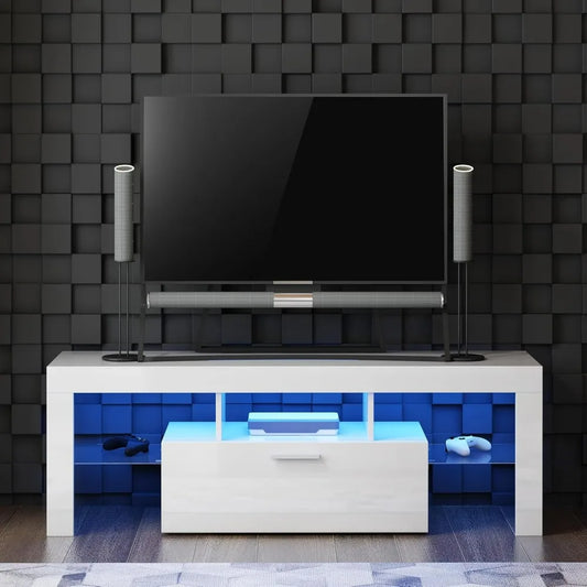 Modern White TV Stand with LED Lights for 32-55 Inch TVs Entertainment Center
