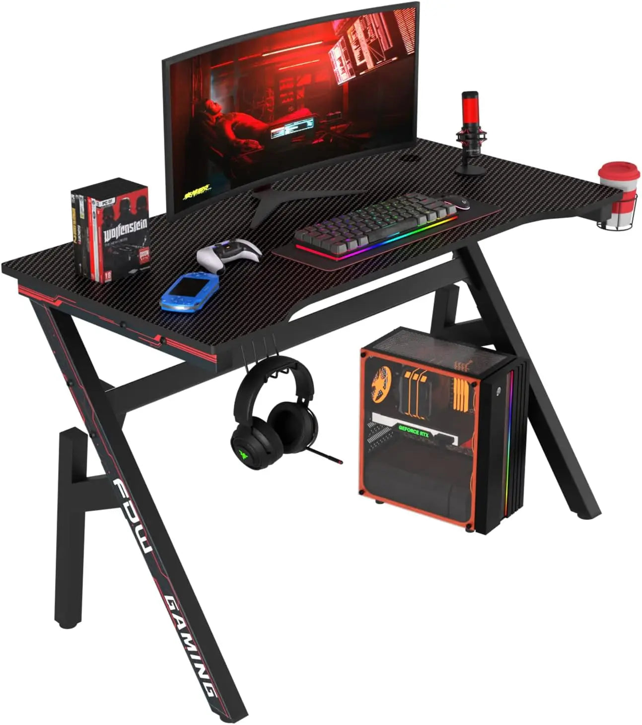 Gaming Desk Computer Desk 47 Inch Ergonomic Black PC Table Workstation