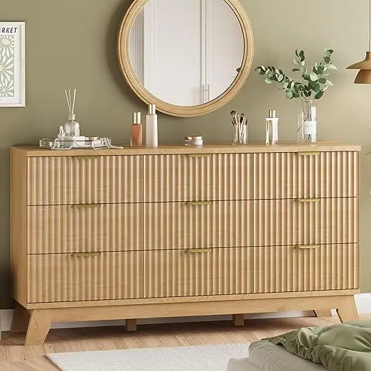 Fluted Dresser 9 Drawers Modern Chest of Drawers TV Stand Natural Oak
