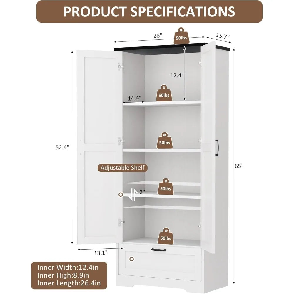 Kitchen Pantry Storage Cabinet Barn Doors 4-Tier Rustic Wood Cupboard